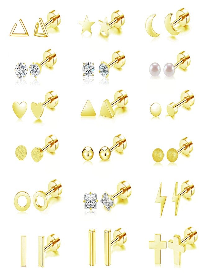 Staligue Flat Back Earrings Hypoallergenic,18 Pairs Stainless Steel Flat Back Stud Earrings for Women Men 20G Star Moon Heart Disc Ball CZ Cartilage Earrings Screw Back Flatback Earrings for Sensitive Ears - Image 1